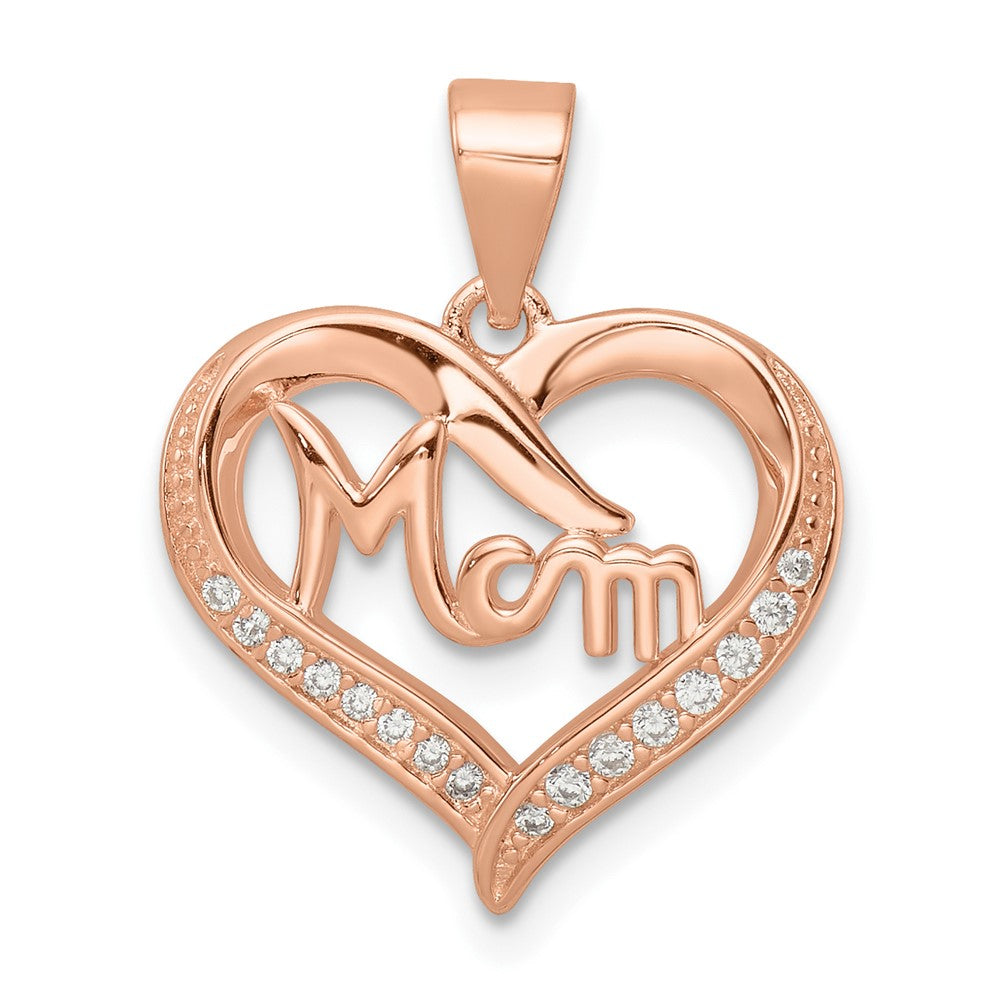 Sterling Silver Rose Tone Cz Mom Heart Pendant