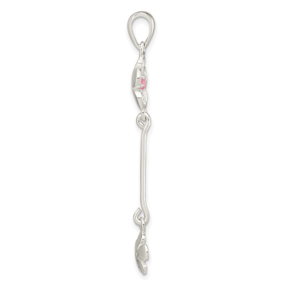Sterling Silver Brush & Polished Pink Cz Flower Dangle Pendant