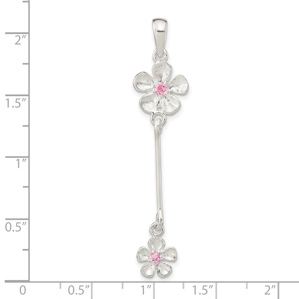 Sterling Silver Brush & Polished Pink Cz Flower Dangle Pendant