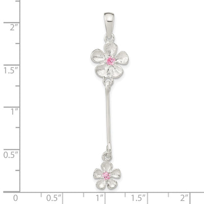 Sterling Silver Brush & Polished Pink Cz Flower Dangle Pendant