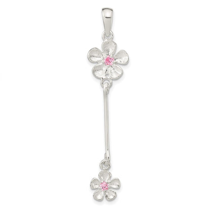 Sterling Silver Brush & Polished Pink Cz Flower Dangle Pendant