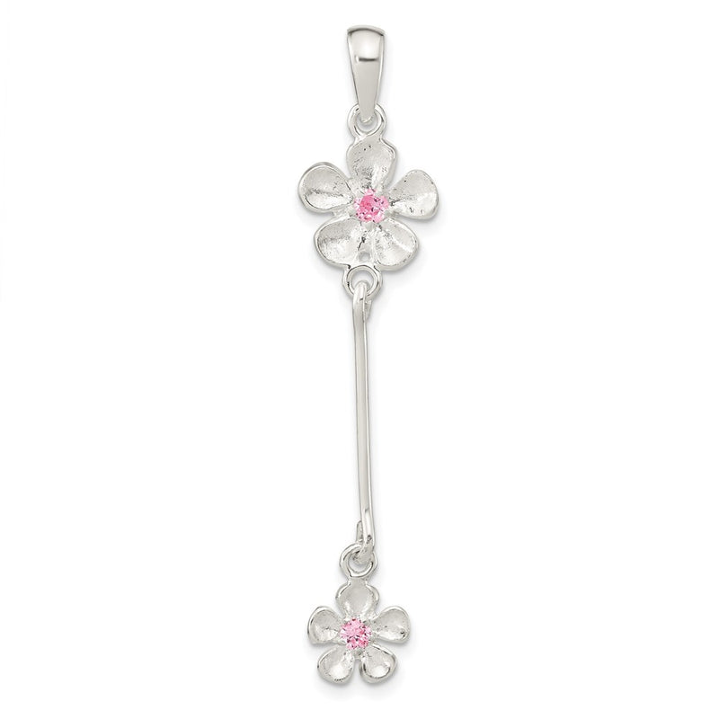 Sterling Silver Brush & Polished Pink Cz Flower Dangle Pendant