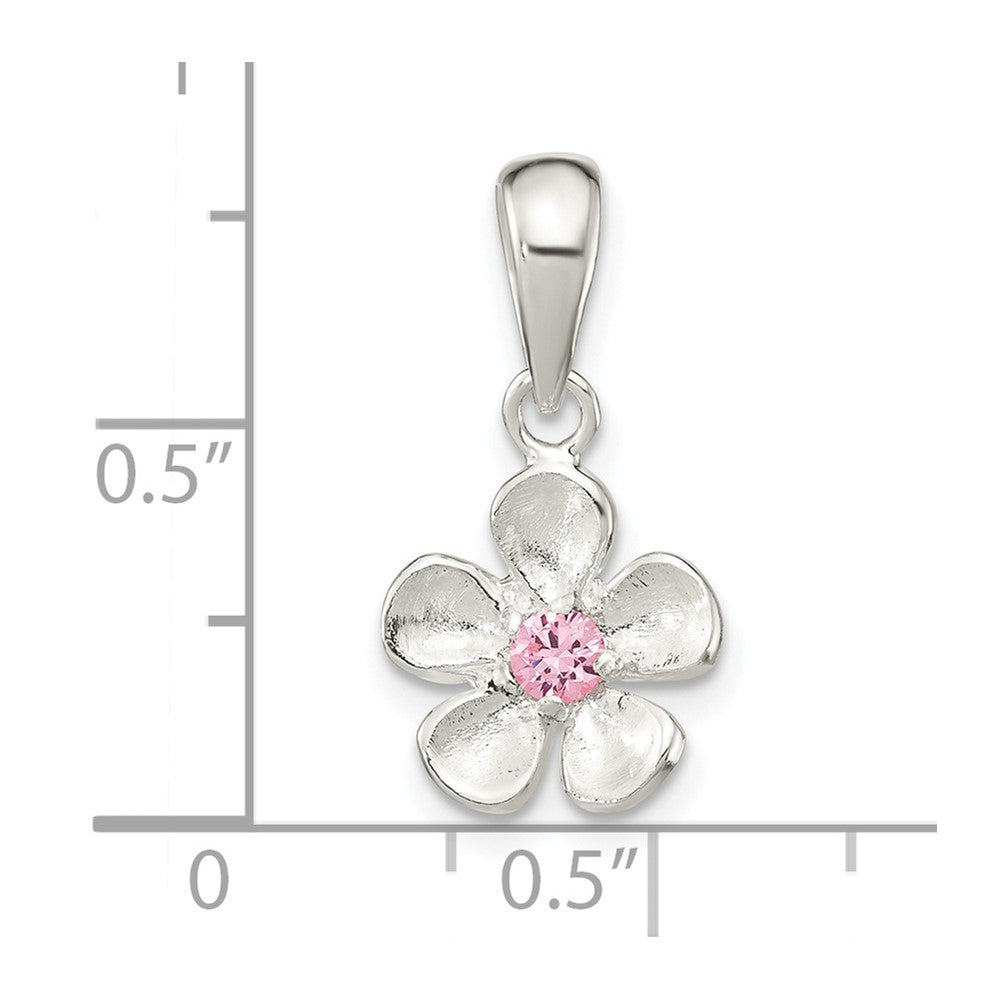 Sterling Silver Brushed & Polished Pink Cz Flower Pendant