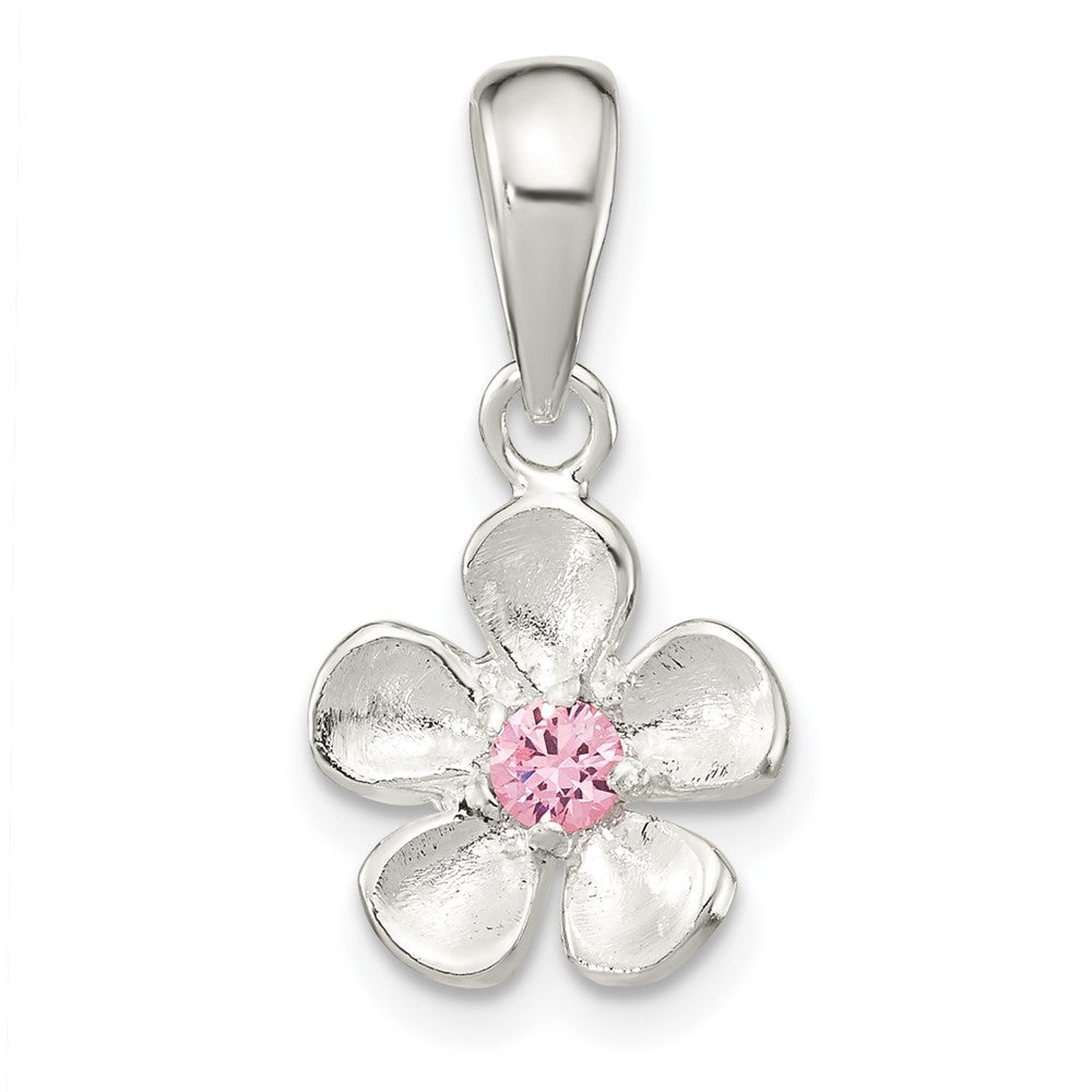 Sterling Silver Brushed & Polished Pink Cz Flower Pendant