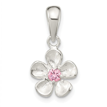 Sterling Silver Brushed & Polished Pink Cz Flower Pendant