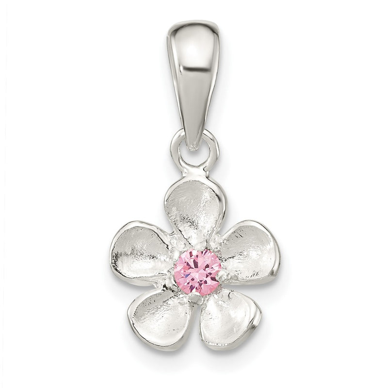 Sterling Silver Brushed & Polished Pink Cz Flower Pendant