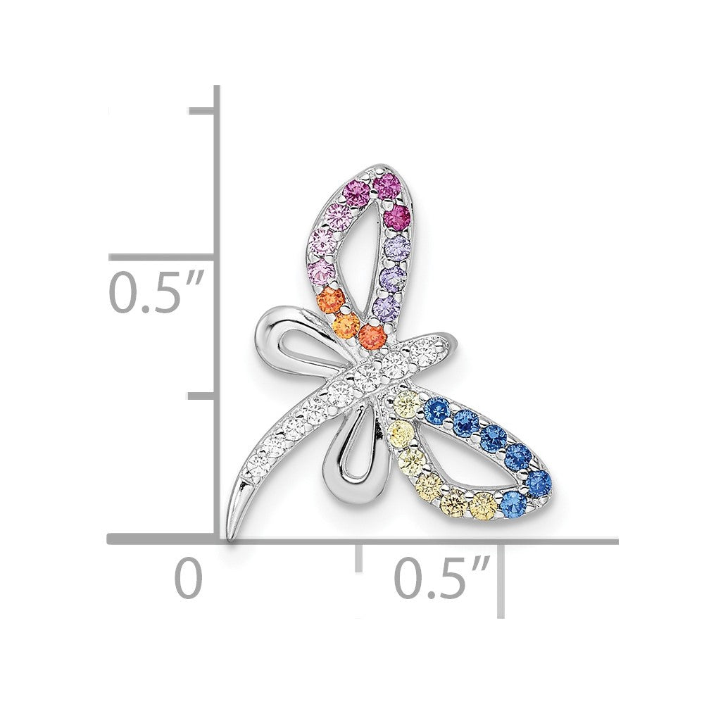 Sterling Silver Rhodium-Plated Multicolor Cz Dragonfly Chain Slide