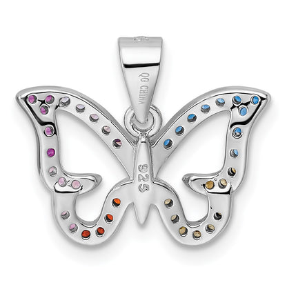 Sterling Silver Rhodium-Plated Multicolor Cz Butterfly Pendant