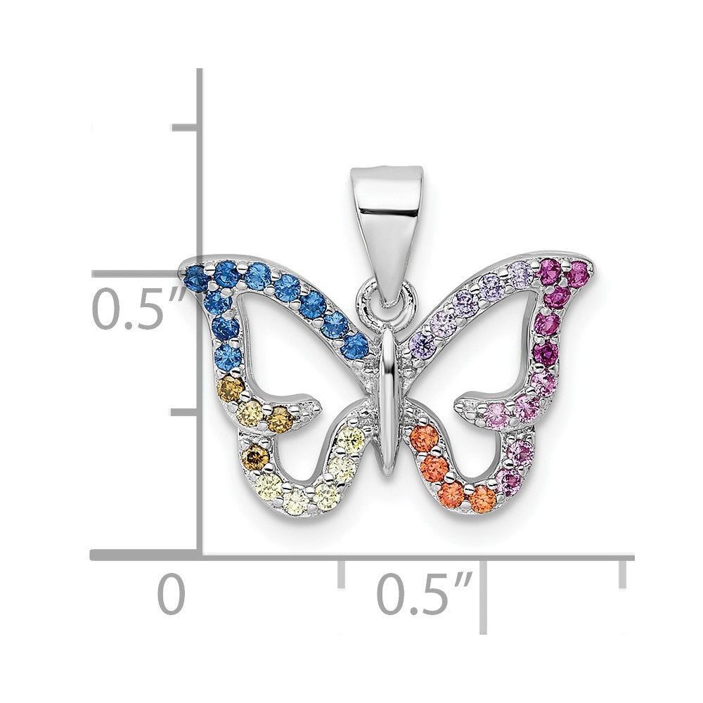 Sterling Silver Rhodium-Plated Multicolor Cz Butterfly Pendant