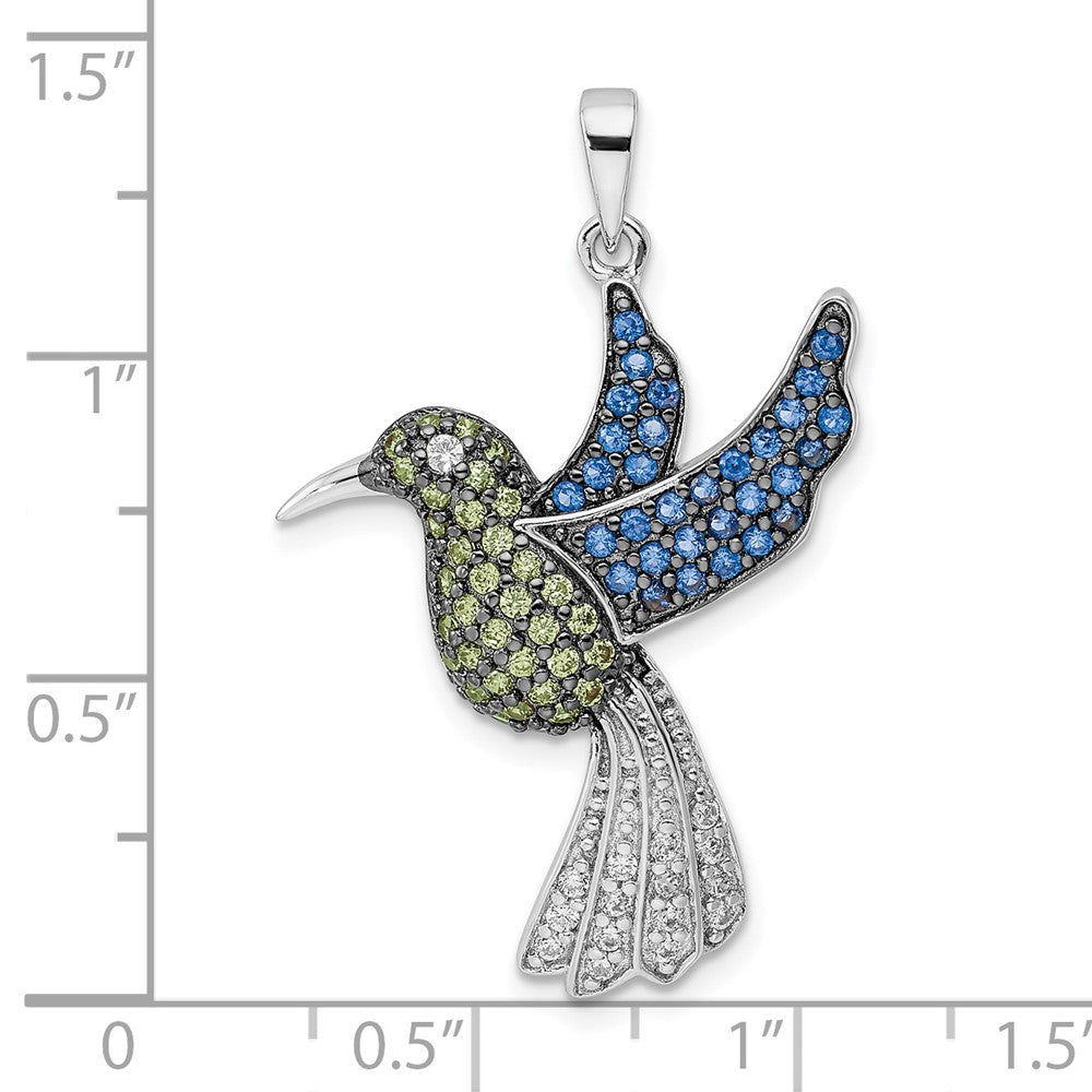 Sterling Silver Blk/White Rh-Plated Multicolor Cz Hummingbird Pendant