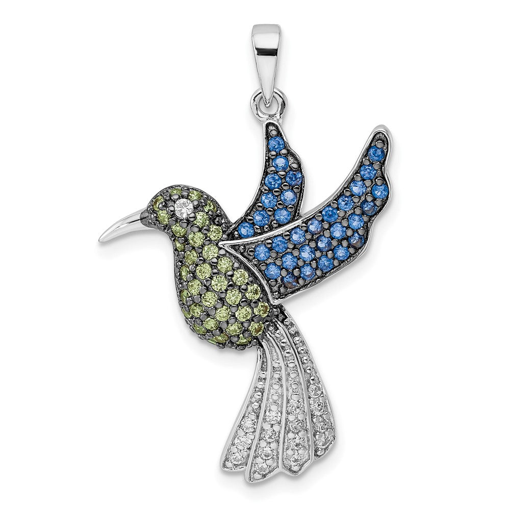 Sterling Silver Blk/White Rh-Plated Multicolor Cz Hummingbird Pendant