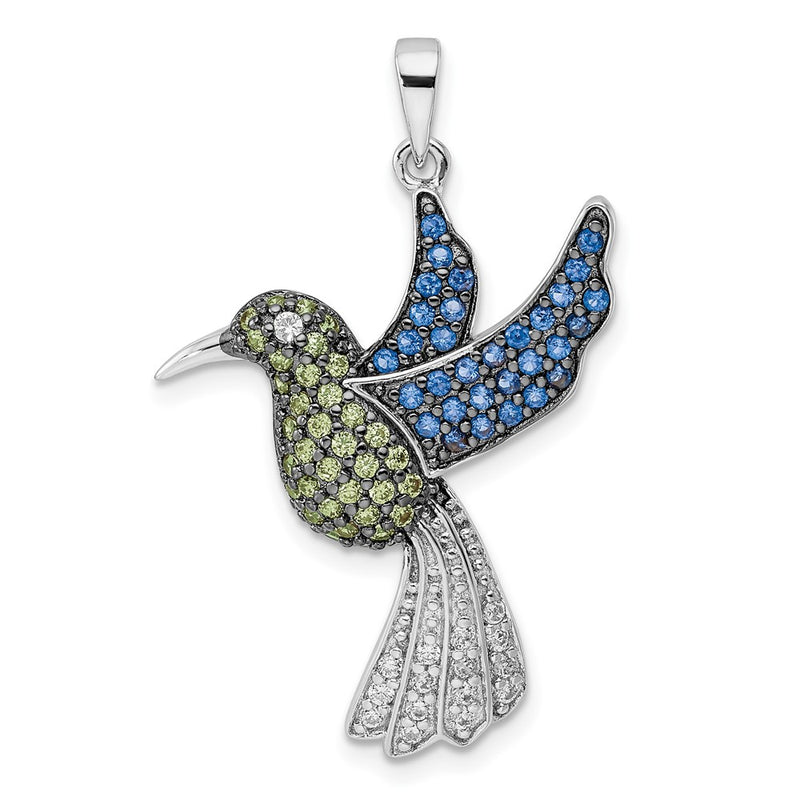 Sterling Silver Blk/White Rh-Plated Multicolor Cz Hummingbird Pendant