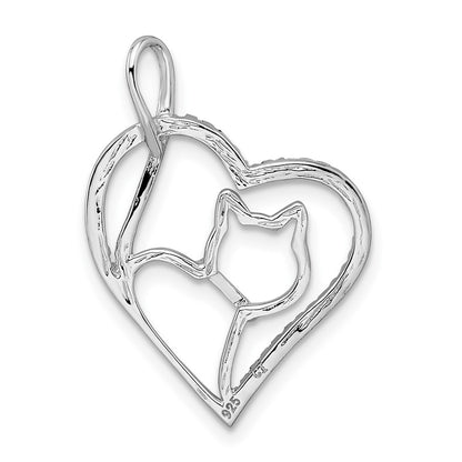 Sterling Silver Rhodium-Plated Gold-Tone Cz Cat In Heart Pendant