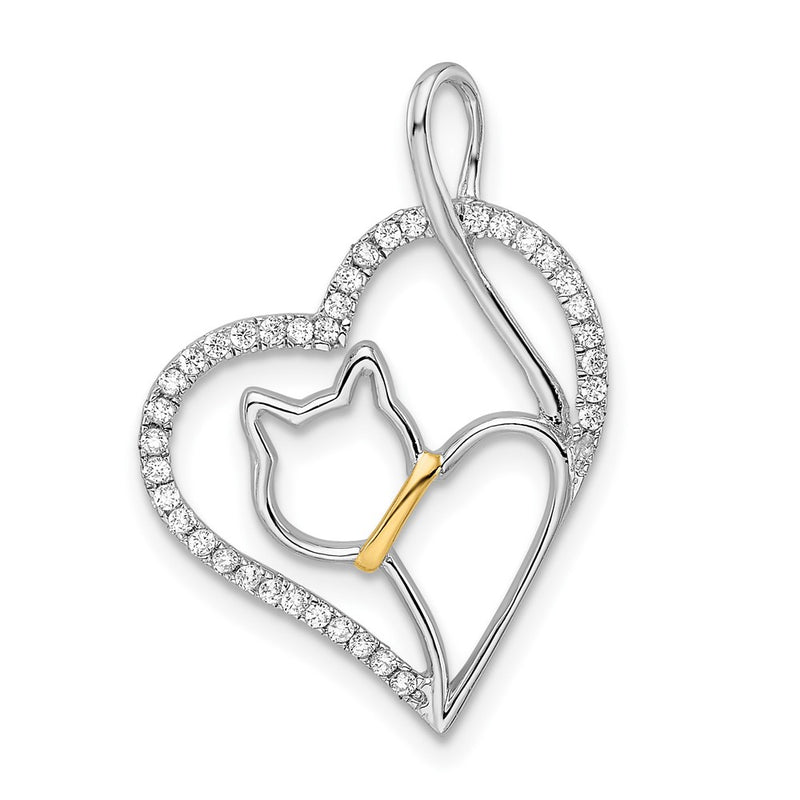 Sterling Silver Rhodium-Plated Gold-Tone Cz Cat In Heart Pendant