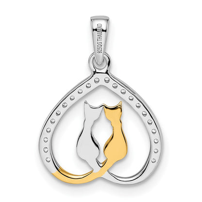 Ss/Gold Plated Sterling Silver Rh-Plated & Gold-Plated Cz Heart W/Two Cats Pendant
