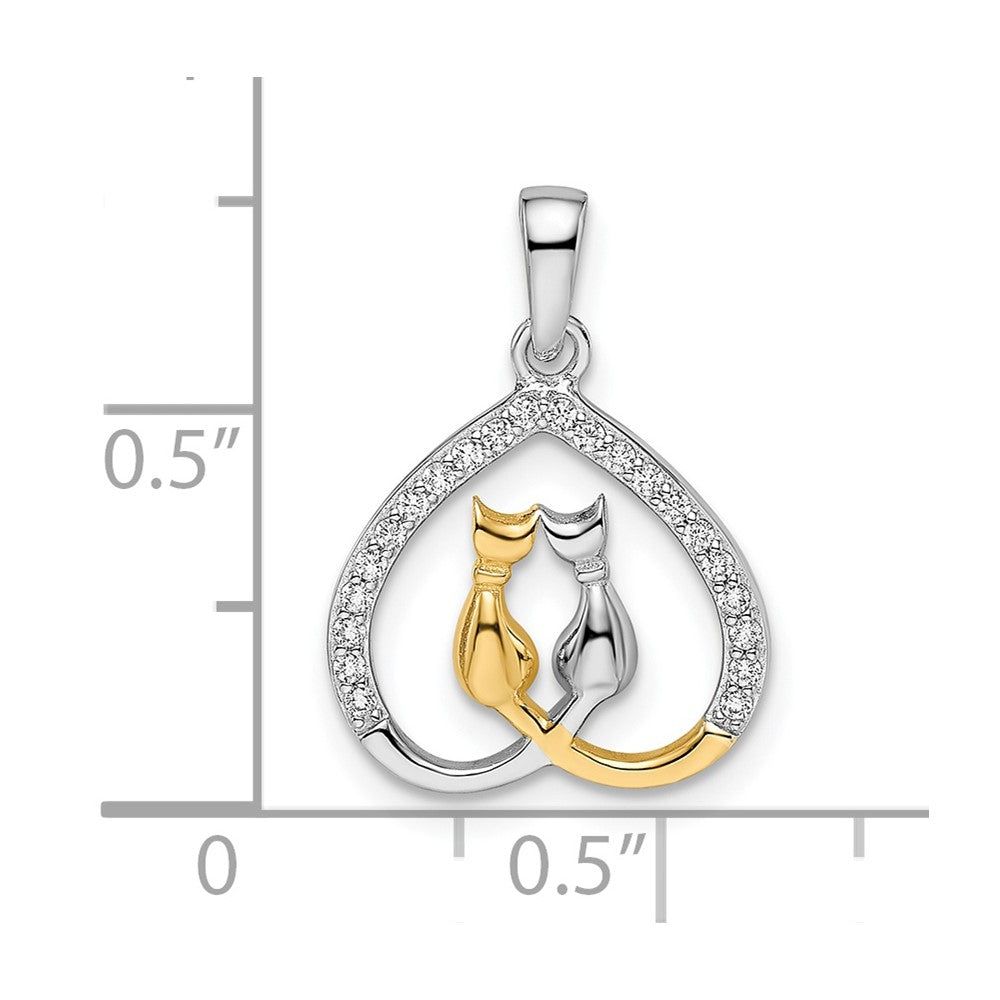 Ss/Gold Plated Sterling Silver Rh-Plated & Gold-Plated Cz Heart W/Two Cats Pendant