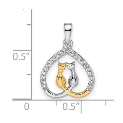 Ss/Gold Plated Sterling Silver Rh-Plated & Gold-Plated Cz Heart W/Two Cats Pendant