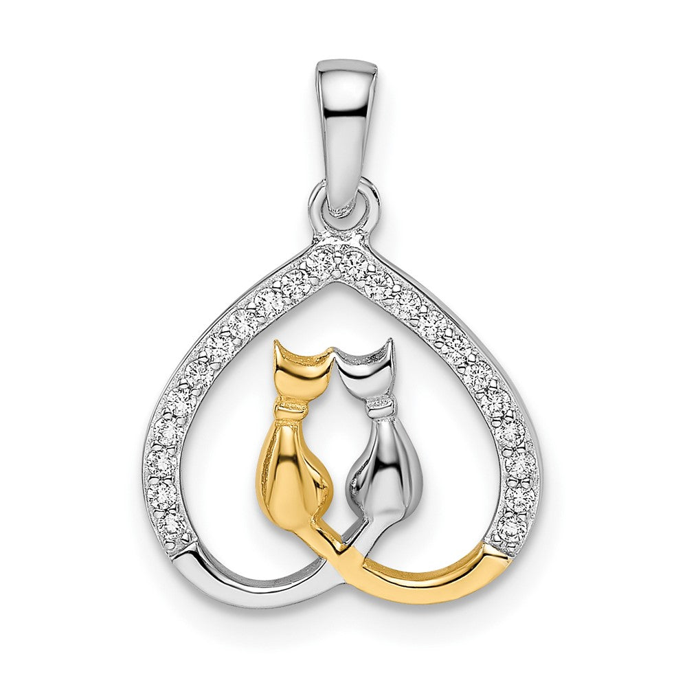 Ss/Gold Plated Sterling Silver Rh-Plated & Gold-Plated Cz Heart W/Two Cats Pendant