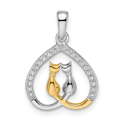 Ss/Gold Plated Sterling Silver Rh-Plated & Gold-Plated Cz Heart W/Two Cats Pendant