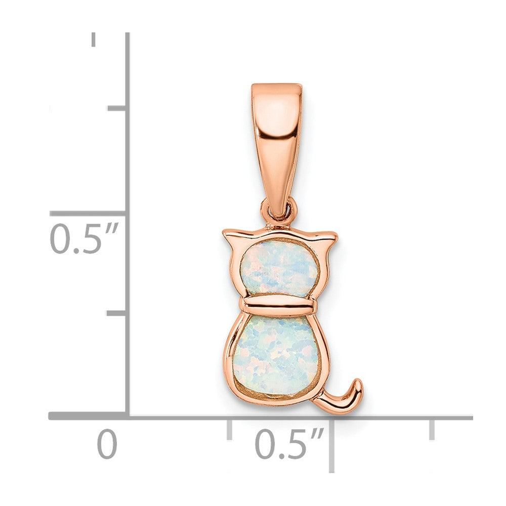 Sterling Silver Rhodium-Plated Rose-Tone White Created Opal Cat Pendant