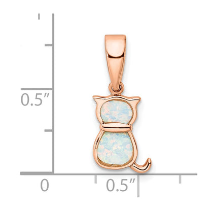Sterling Silver Rhodium-Plated Rose-Tone White Created Opal Cat Pendant