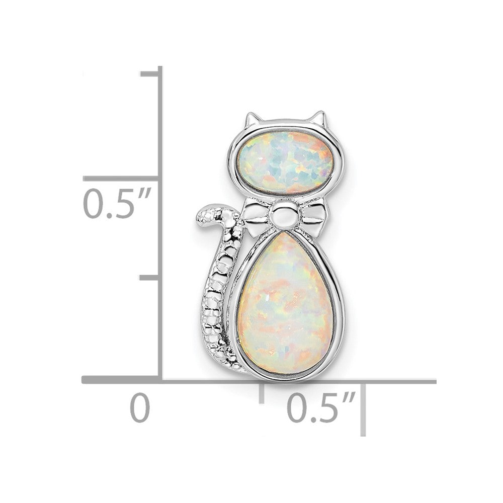 Sterling Silver Rhodium-Plated White Created Opal Cat Chain Slide