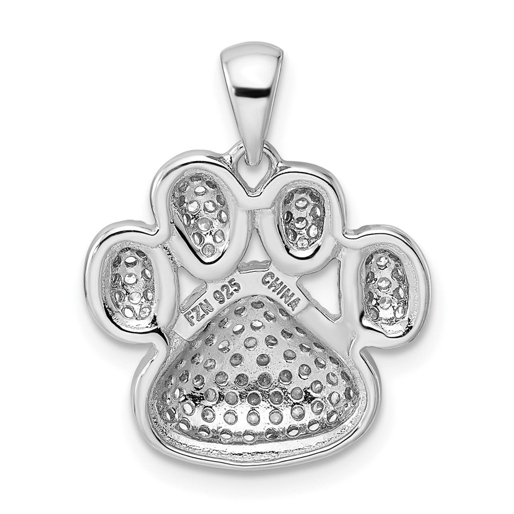 Sterling Silver Rhodium-Plated Polished Cz Paw Print Pendant
