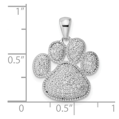 Sterling Silver Rhodium-Plated Polished Cz Paw Print Pendant