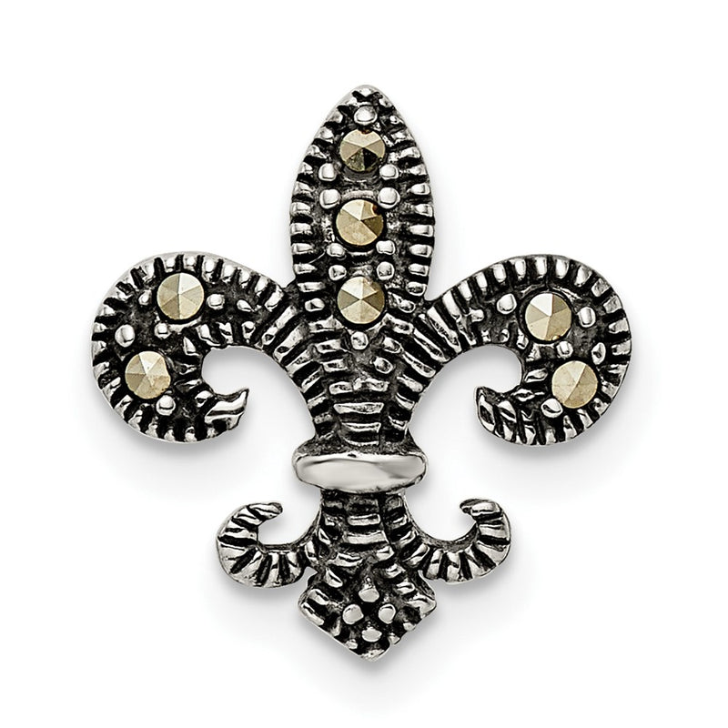 Sterling Silver Antiqued Marcasite Fleur De Lis Chain Slide