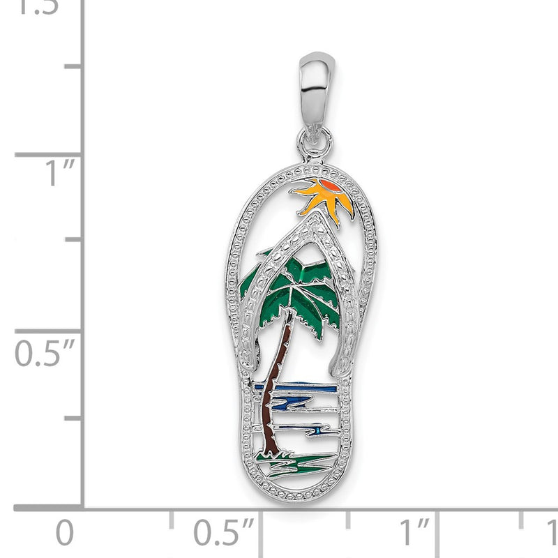 Sterling Silver De-Ani Rhodium-Plated Polished Enameled Palm Tree Flip-Flop Pendant