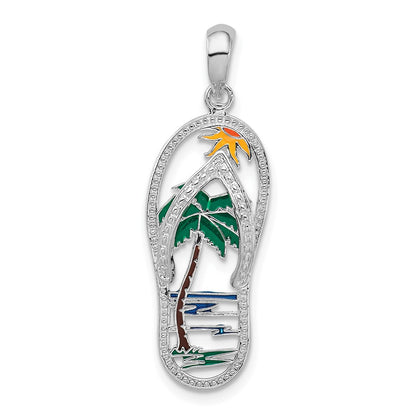 Sterling Silver De-Ani Rhodium-Plated Polished Enameled Palm Tree Flip-Flop Pendant