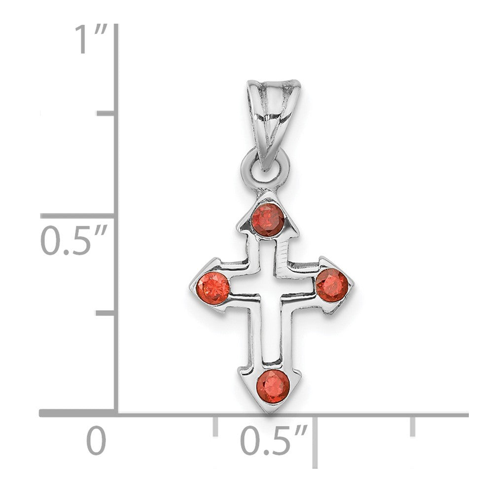 Sterling Silver Rhodium-Plated Polished Open Cross Red Crystal Pendant