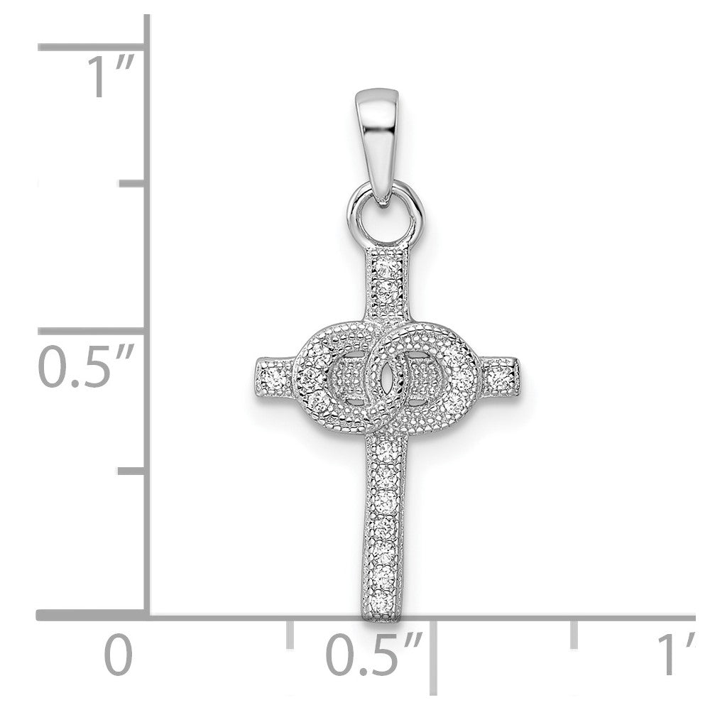 Sterling Silver Rhodium-Plated Cz Double Rings On Cross Pendant
