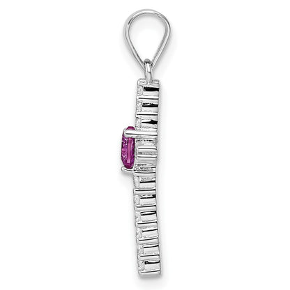 Sterling Silver Rhodium-Plated Pink Cz Heart And Clear Cross Pendant