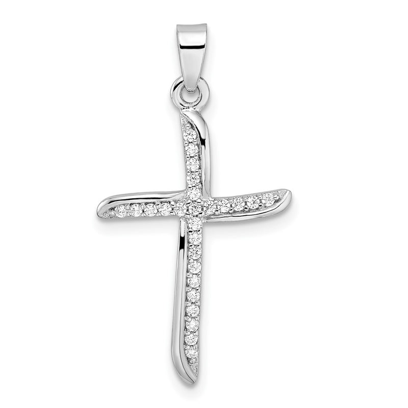 Sterling Silver Rhodium-Plated Small Cz Wavy Cross Pendant