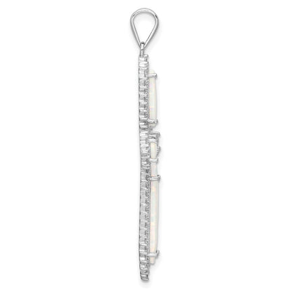 Sterling Silver Rh-Plated White Created Opal & Cz Border Cross Pendant