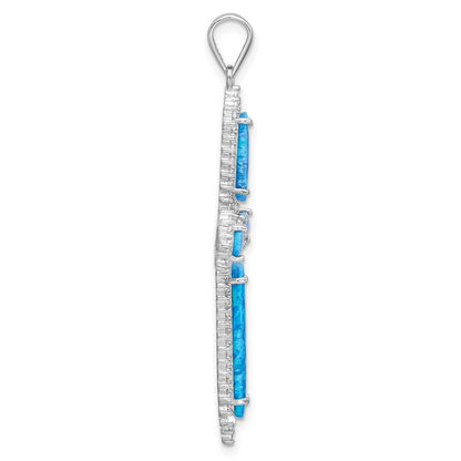 Sterling Silver Rh-Plated Blue Created Opal & Cz Border Cross Pendant