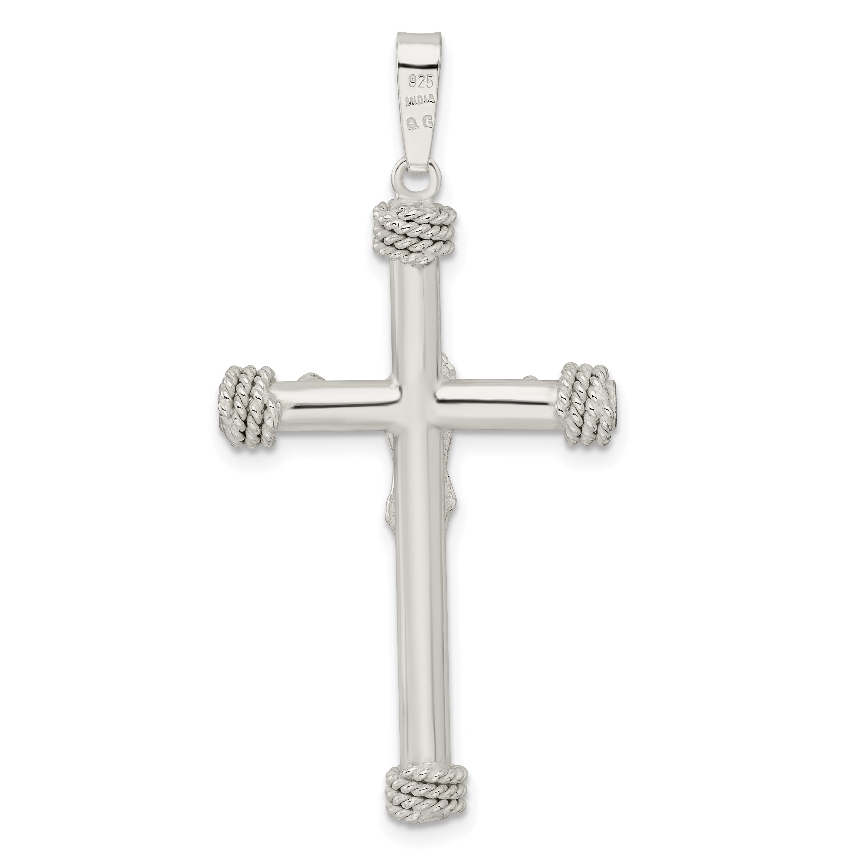 Sterling Silver Polished W/Rope Ends Hollow Crucifix Pendant