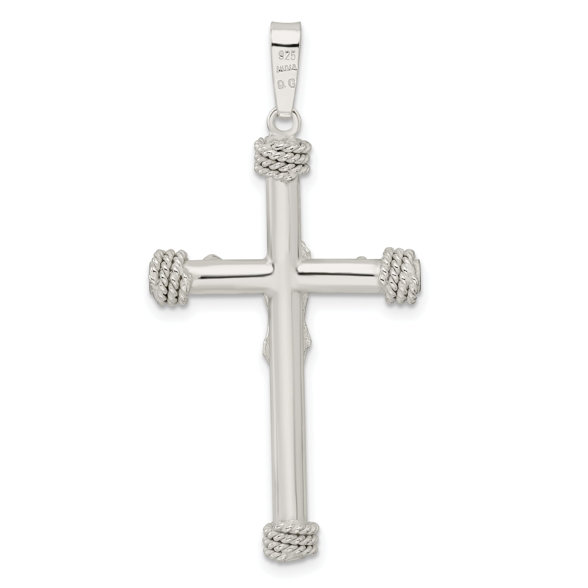 Sterling Silver Polished W/Rope Ends Hollow Crucifix Pendant