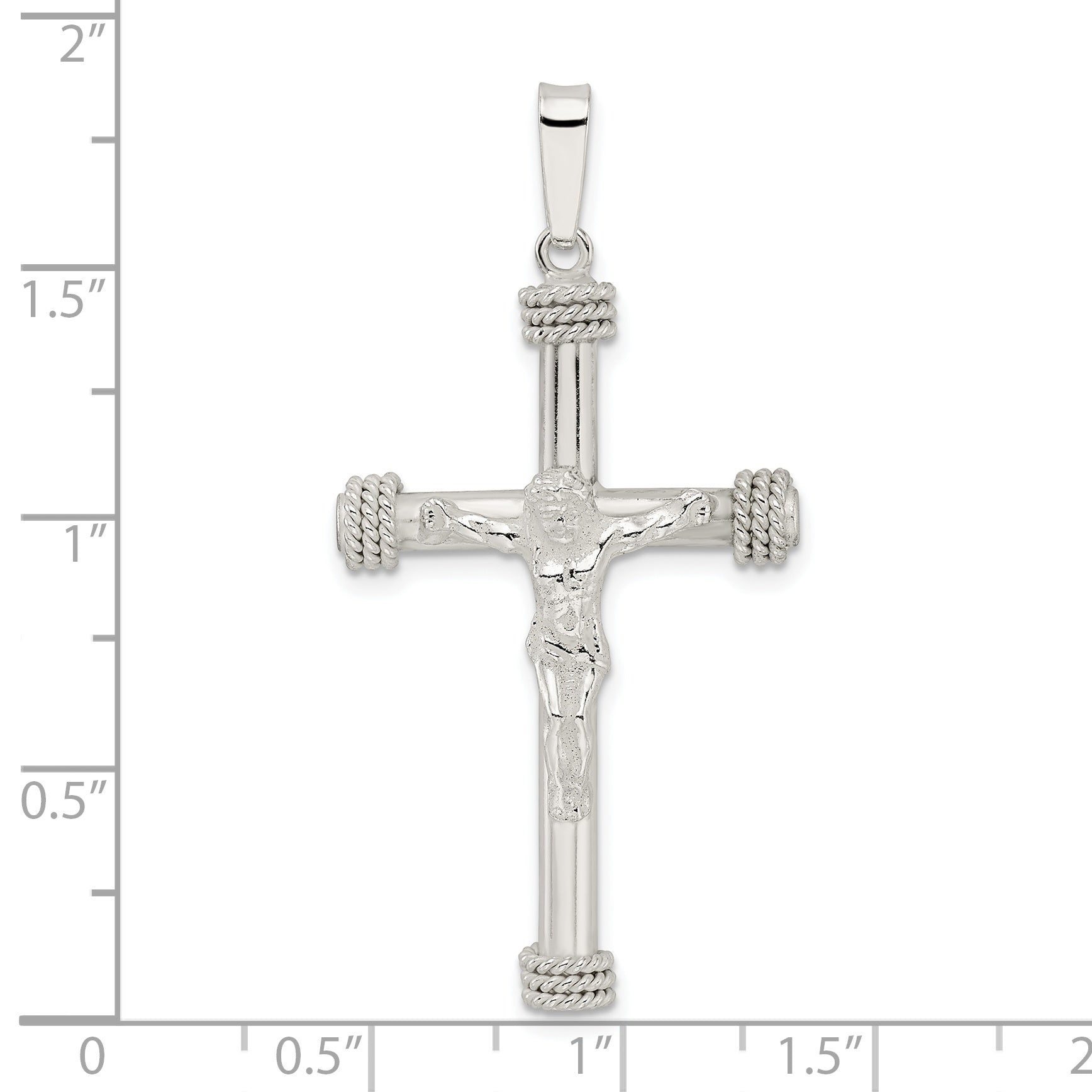 Sterling Silver Polished W/Rope Ends Hollow Crucifix Pendant