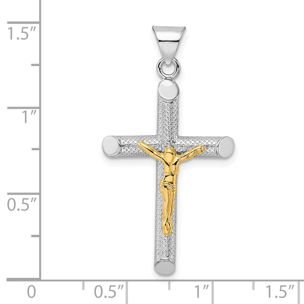 Ss/Gold Plated Sterling Silver Rh-Plate & Gold-Tone Polished Textured Crucifix Pendant