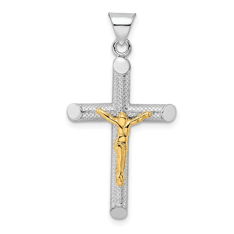 Ss/Gold Plated Sterling Silver Rh-Plate & Gold-Tone Polished Textured Crucifix Pendant
