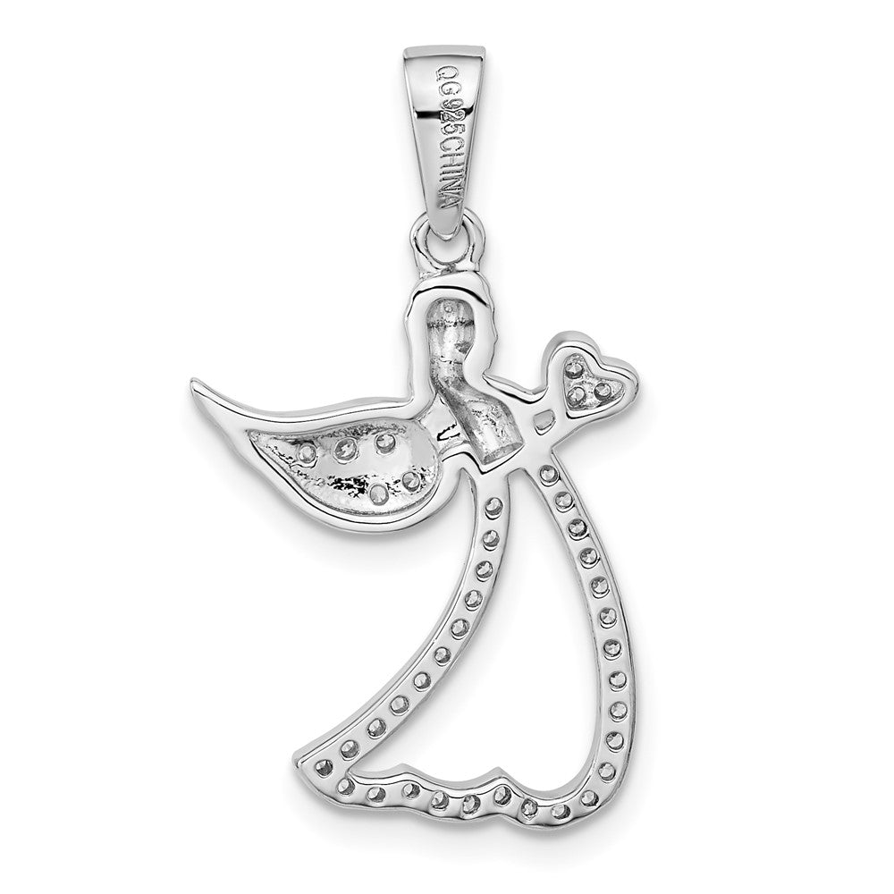 Sterling Silver Rhodium-Plated Cz Angel W/ Heart Pendant