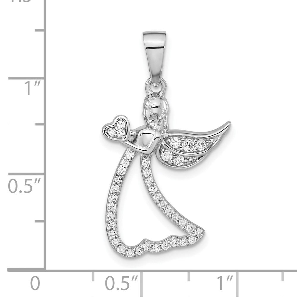 Sterling Silver Rhodium-Plated Cz Angel W/ Heart Pendant