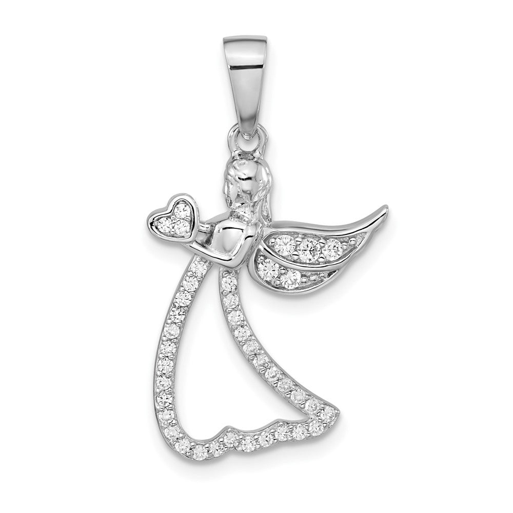Sterling Silver Rhodium-Plated Cz Angel W/ Heart Pendant