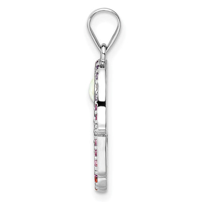 Sterling Silver Rhodium-Plated Multicolor Cz & Synthetic Opal Hamsa Pendant