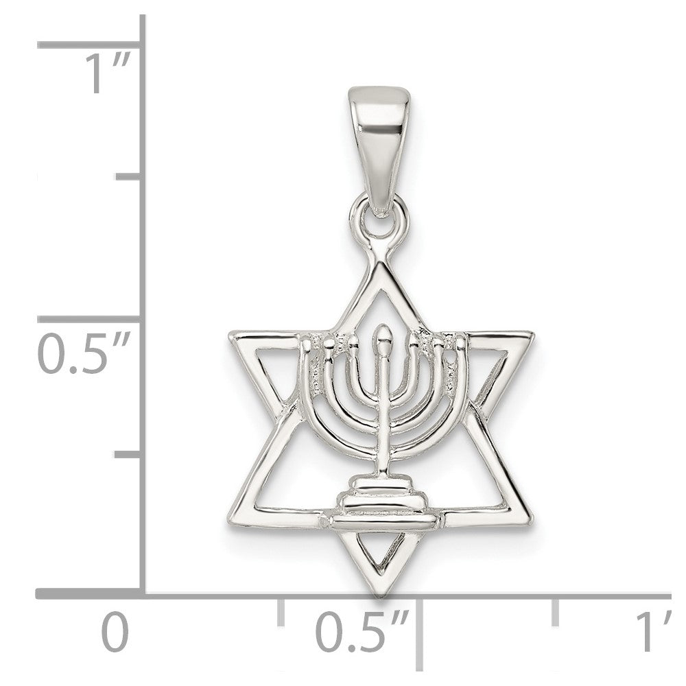 Sterling Silver Polished And D/C Star Of David W/Menorah Pendant