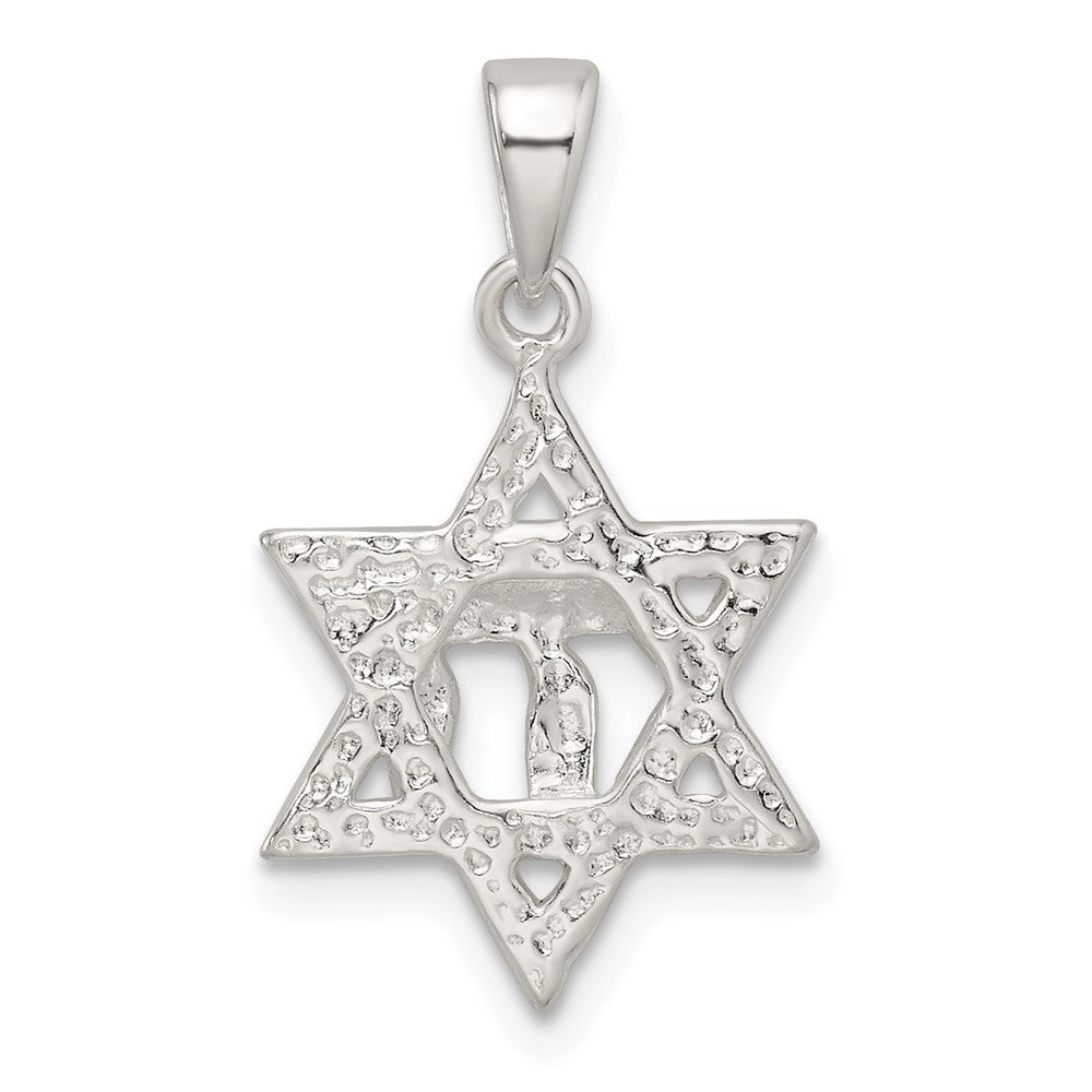 Sterling Silver Polished And D/C Star Of David W/Chai Pendant
