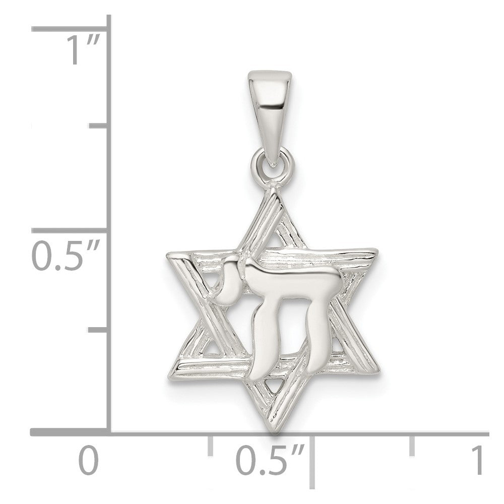 Sterling Silver Polished And D/C Star Of David W/Chai Pendant