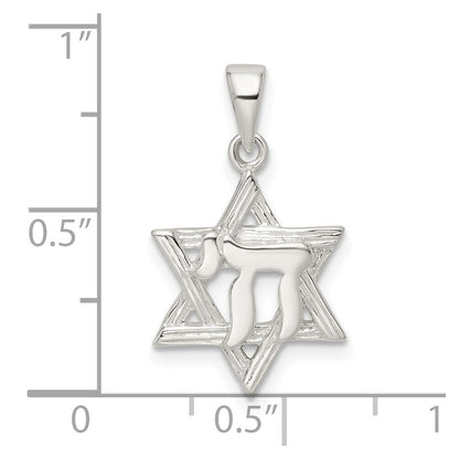 Sterling Silver Polished And D/C Star Of David W/Chai Pendant